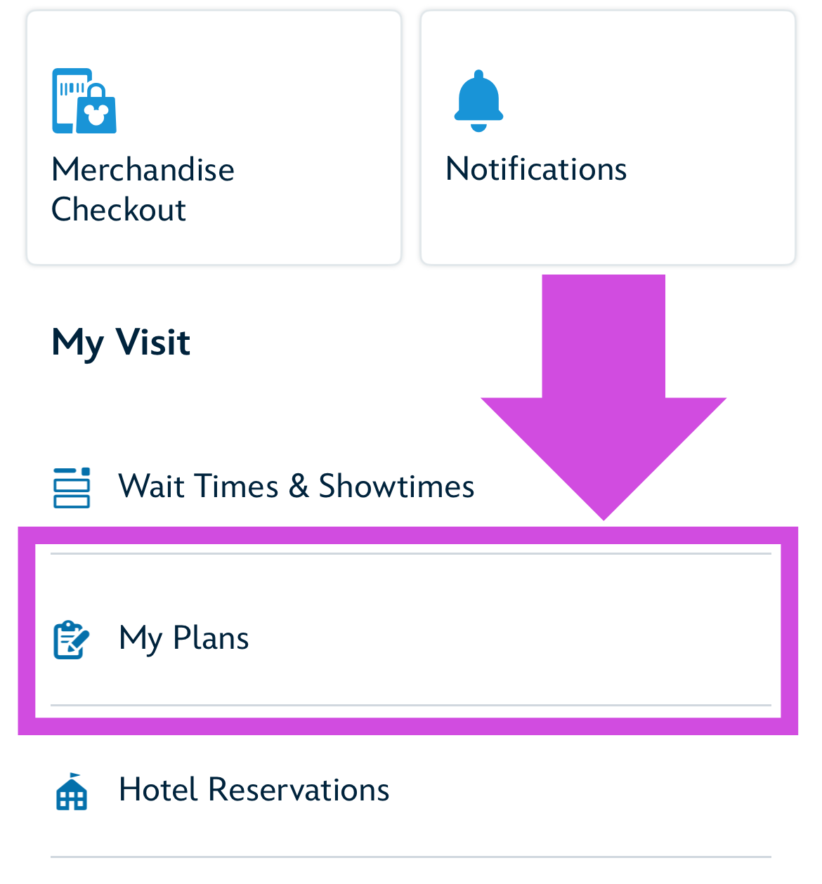マイ・ディズニー・エクスペリエンスアプリのホーム画面に表示される My Plans メニュー