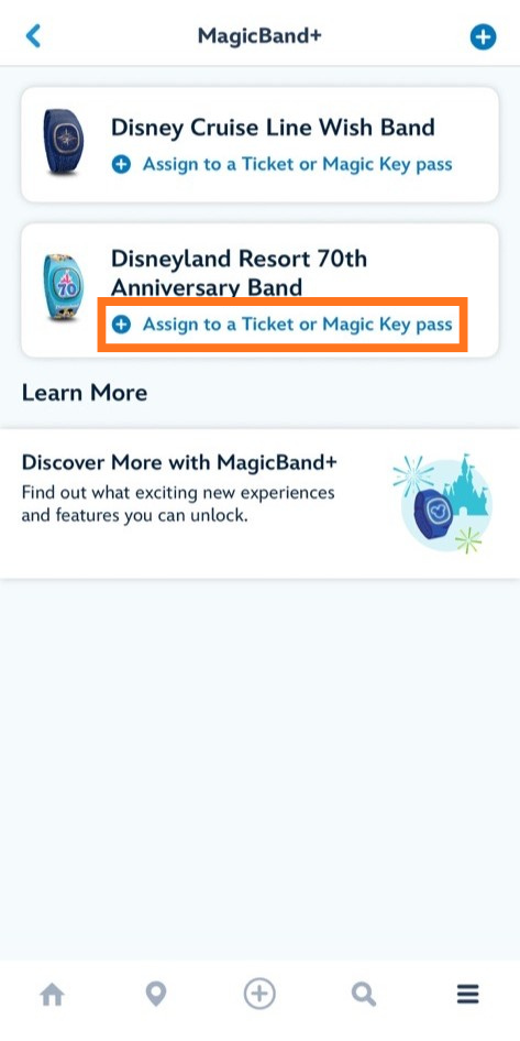 MagicBand+一覧画面。後から別のチケットを割り当てられる項目が表示されている様子