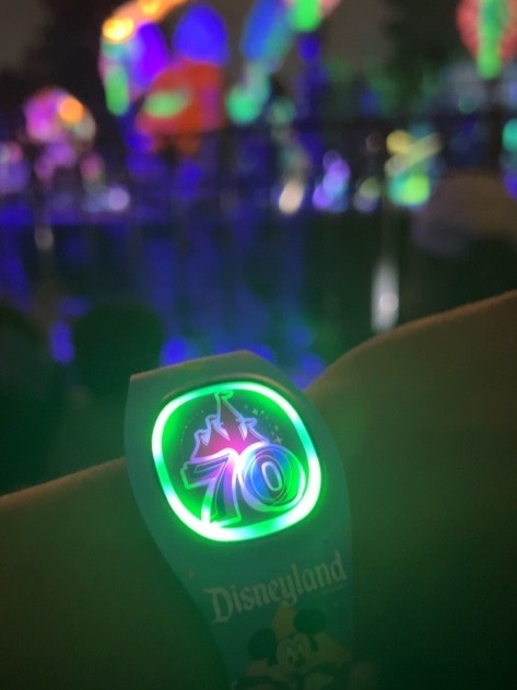 夜の「ファンタズミック！」公演中、70周年デザインのディズニーバンド+がショーの光に同期して緑色に発光している様子