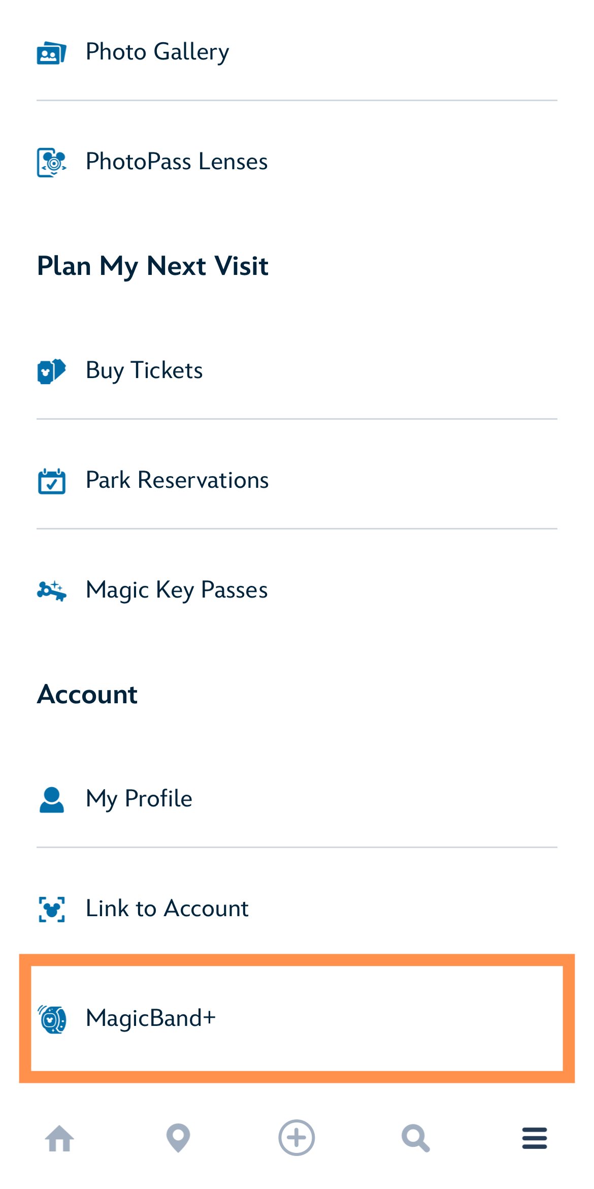 アプリ内のMagicBand+メニューの位置