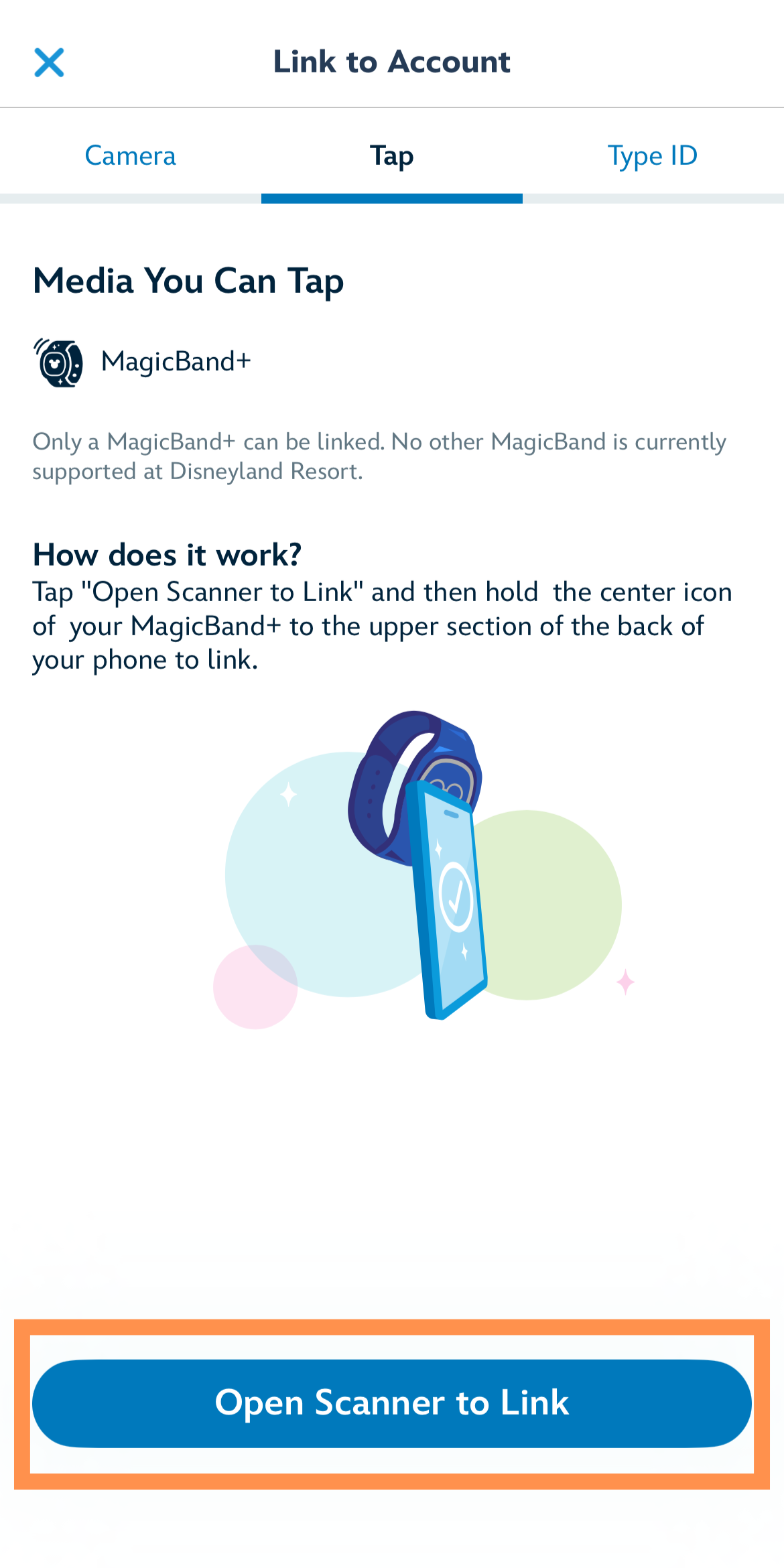 MagicBand+のスキャン開始操作画面