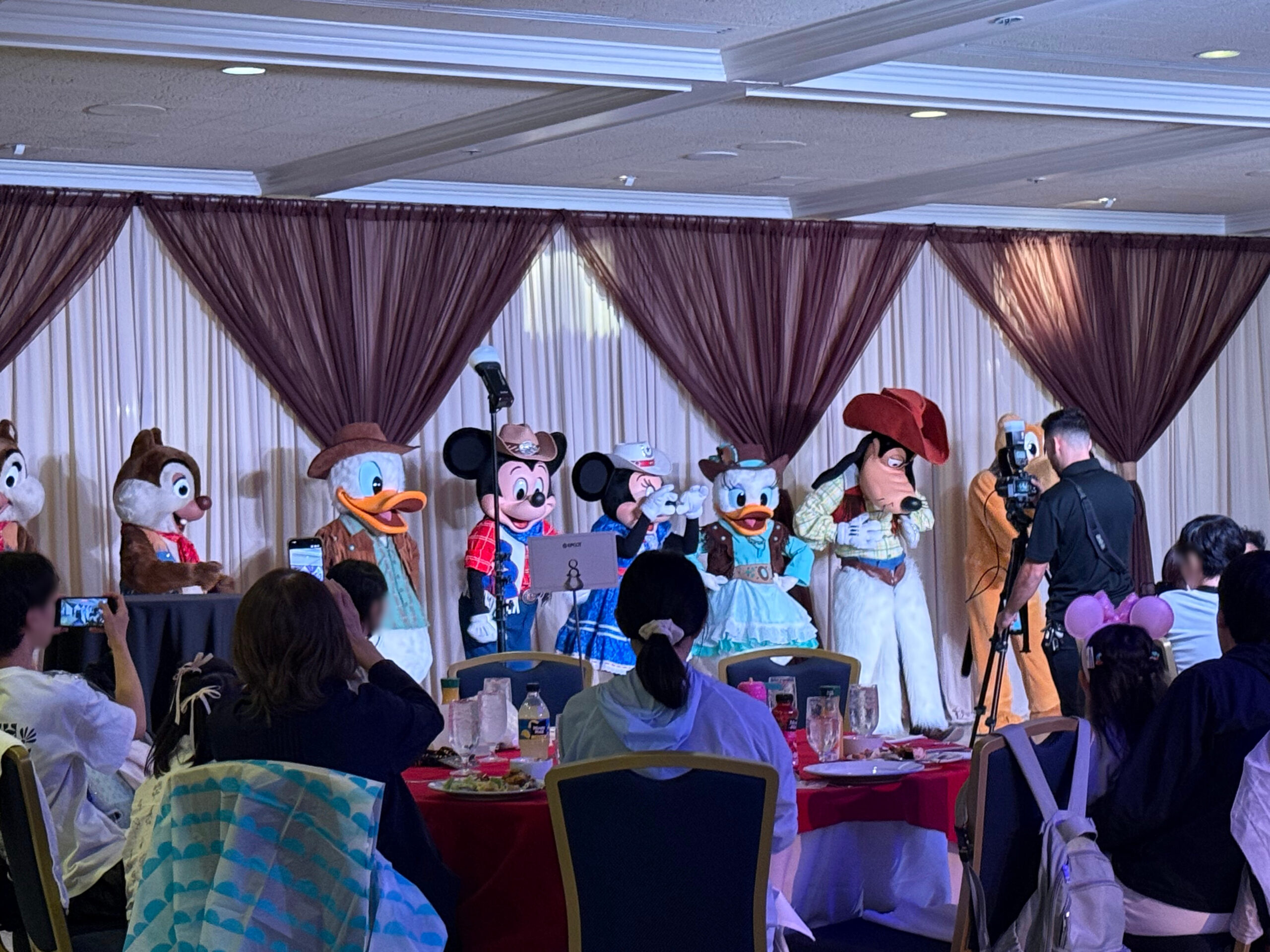 ディズニーキャラクター8人が並びゲストがテーブルから撮影している様子