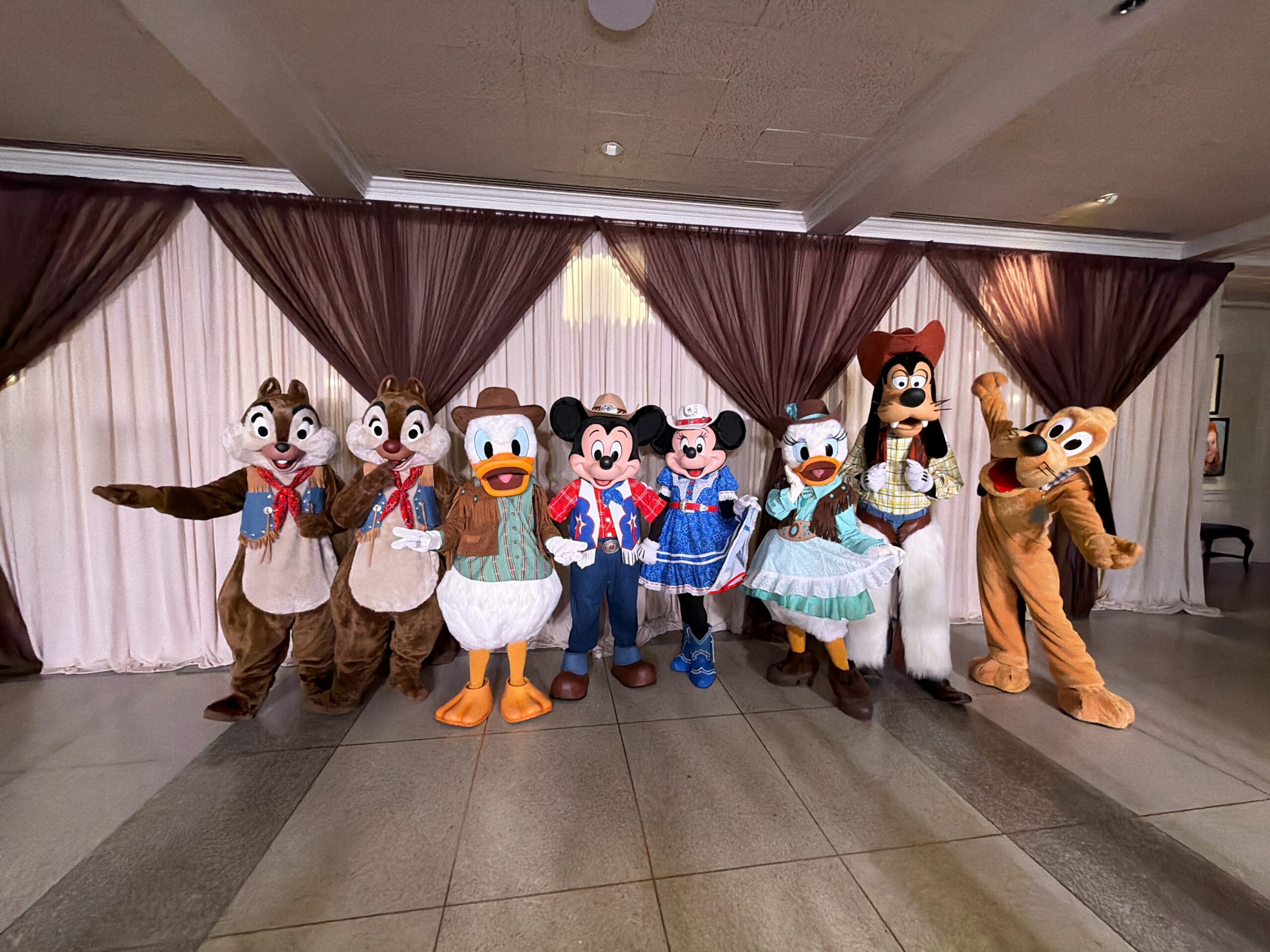 アメリカーナスタイルの衣装で並ぶディズニーキャラクター8人（ミッキー ミニー ドナルド デイジー グーフィー プルート チップ デール）