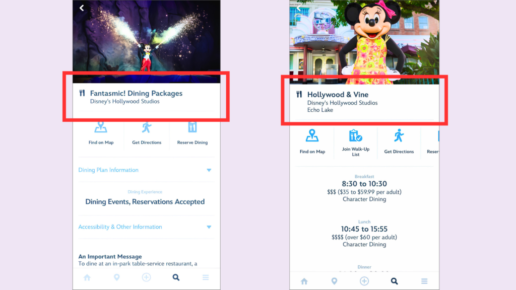WDWファンタズミック!ダイニングパッケージの予約画面ページ